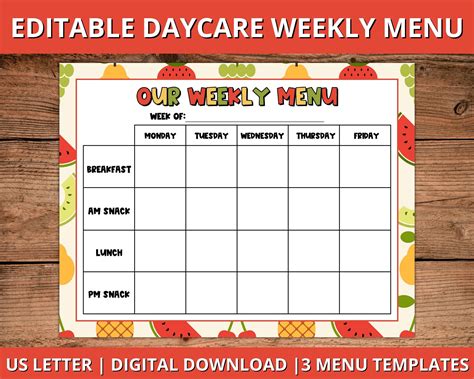 Daycare Weekly Menu, Editable Daycare Menu, Fillable Daycare Weekly ...