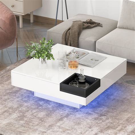 31.5" Modern Square LED Coffee Table with 16 Colors,Modern Minimalist Square Cocktail Table with ...