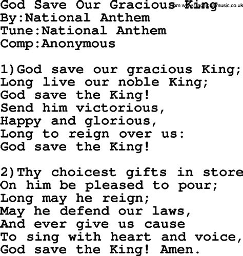 Methodist Hymn: God Save Our Gracious King - lyrics with PDF