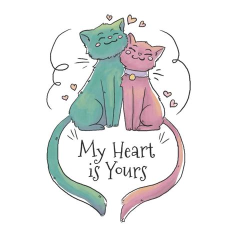 Cute Cat Couple Falling In Love With Heart Floating | Desenhos de gatos ...