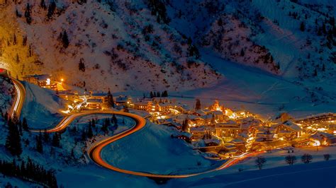 #449265 village, hairpin turns, lights, Austria, snow, trees, long exposure, road, night ...