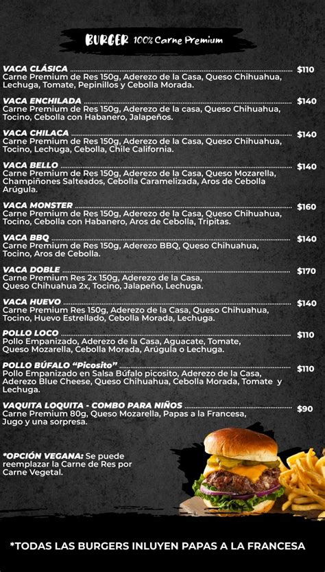 Menu at La Vaca Loca restaurant, Saltillo