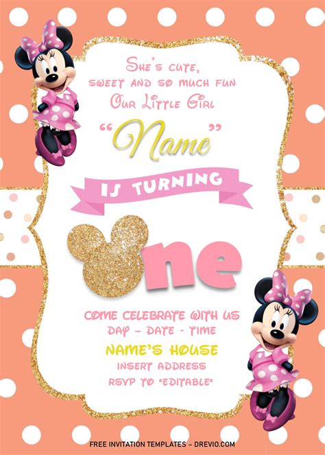 Pink and Gold Minnie Mouse Birthday Invitation Templates Docx ...