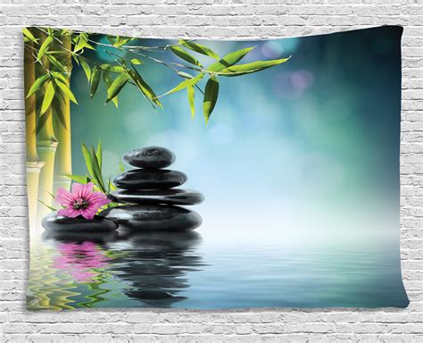 Zen Garden Tapestry, Pink Flower Spa Stones and Bamboo Tree on the ...