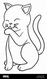 Cute Kitten Seated And Licking its Paw Drawing In Outlines For  sketch template