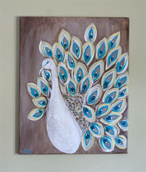 a painting of a white peacock with blue feathers