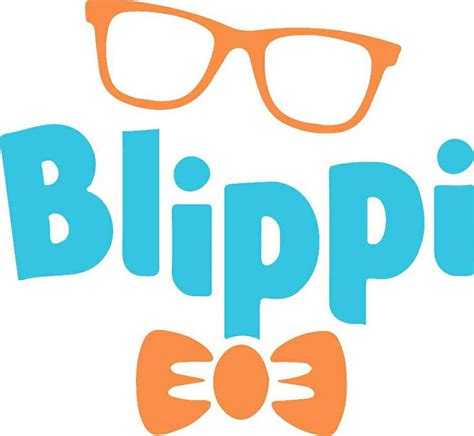 the words blippi go with glasses and bow ties on it's side