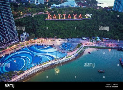 Aerial view of Pattaya city sign, giant letters on the top of the hill ...