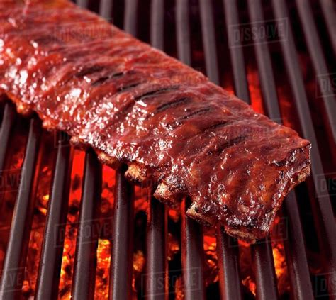 Whole Rack of Pork Ribs on Grill with Barbecue Sauce - Stock Photo - Dissolve