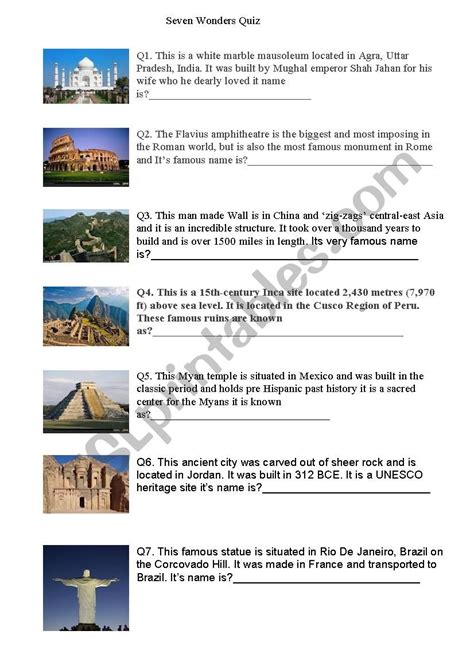 Seven Wonders of the World Quiz - ESL worksheet by crunchie