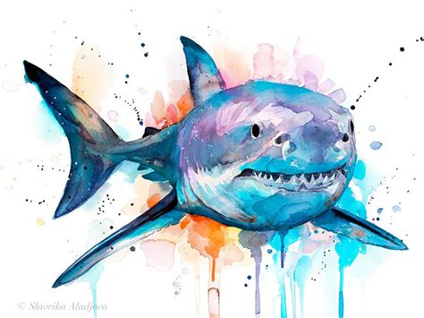 Great white shark watercolor painting print by Slaveika | Etsy in 2021 | Shark painting, Turtle ...
