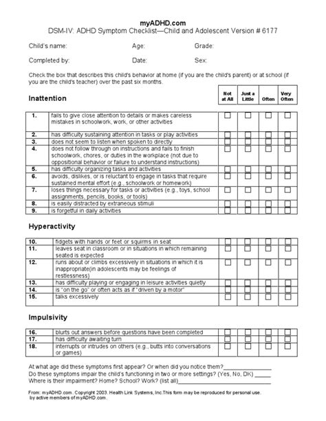 DSM-IV ADHD Symptom Checklist—Child and Adolescent Version # 6177 | Attention Deficit ...