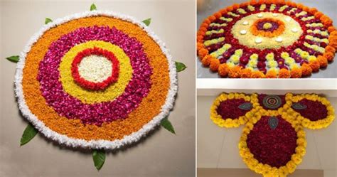 12 Easy Rangoli Designs for Diwali with Yellow and Red Flowers • India Gardening