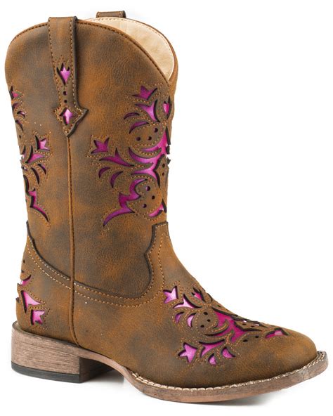 Roper Girls' Lola Brown Metallic Underlay Cowgirl Boots - Square Toe | Boot Barn