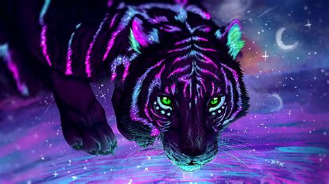 HD wallpaper: purple and blue tiger illustration, water, green eyes ...