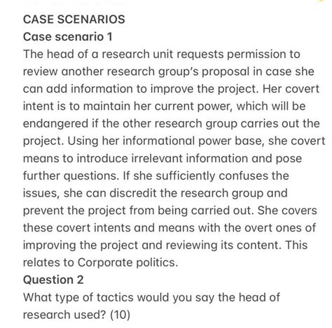 Solved CASE SCENARIOS Case scenario 1 The head of a research | Chegg.com