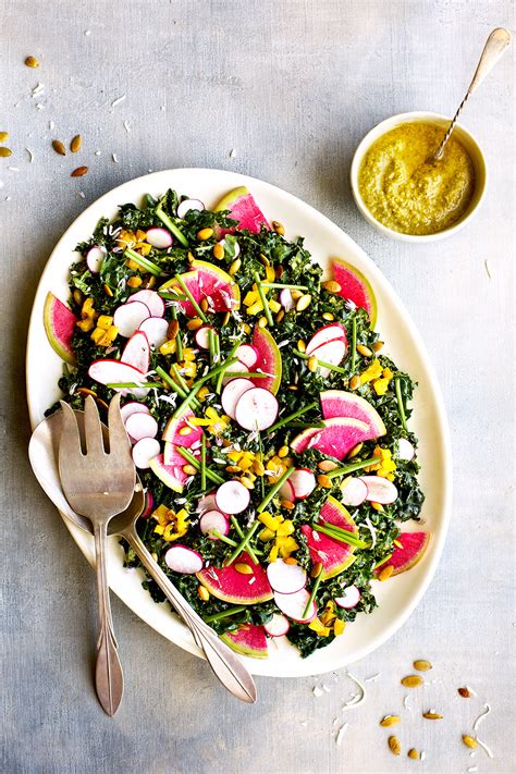 Kale Radish Salad with Roasted Yellow Bell Pepper Chive Pesto Vinaigrette ⋆