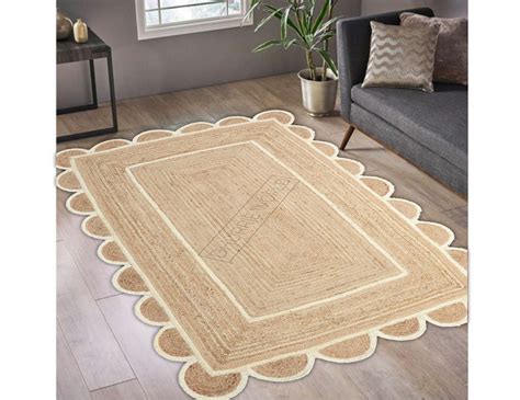 Home & Living Floor & Rugs Rugs 4x6,6x9,10x14 Feet Scalloped Jute Sky Blue Border Rug,Jute Boho ...