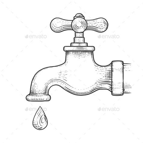 Water Tap with Drop Engraving Style Vector | Water tap, Water sketch ...