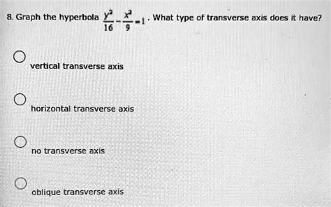 SOLVED: 8. Graph the hyperbola What type of transverse axis does it ...