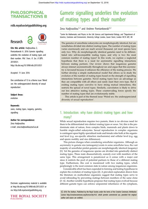 Gamete Signalling Underlies the Evolution of Mating Types and Their Number Rstb ...