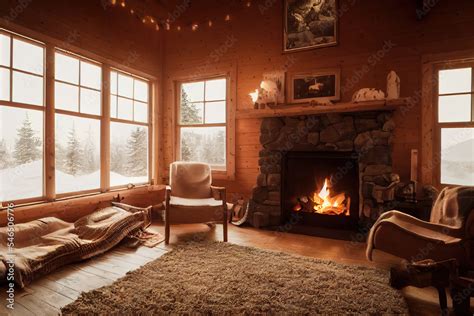 cozy living room in wooden log house with fireplace, snowy winter ...