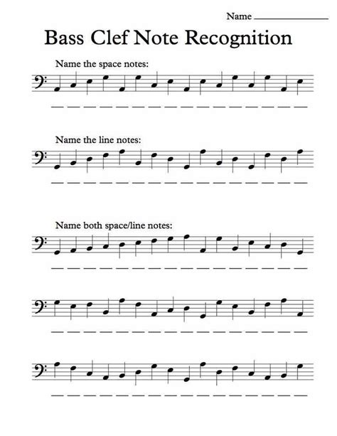 bass clef note recognition sheet with notes and notations for the bass clef note