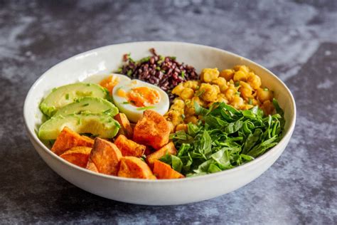 Healing Bowls Recipe - Roasted Masala Sweet Potatoes, Black Rice, Chickpeas, and Salad