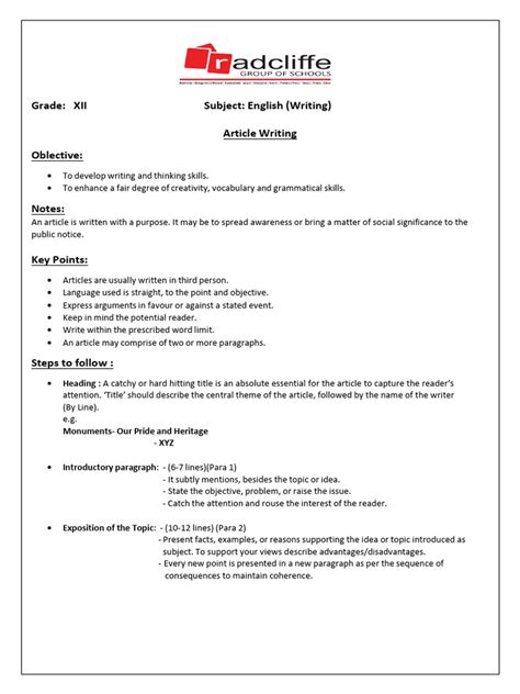 Grade 12 Article Writing | PDF | Idea | Subject (Grammar)