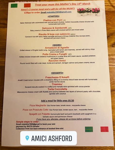 Menu at Amici restaurant, Ashford