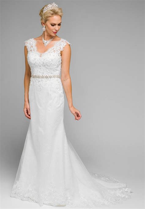 Lace Floor Length Wedding Dress Embellished Waist V-Neck White ...