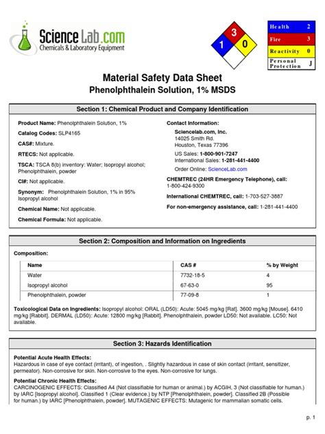 An Accurate Material Safety Data Sheet for a Phenolphthalein Solution ...