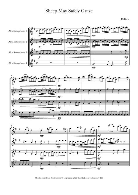 Bach - Sheep May Safely Graze from Cantata 208 Sheet music for Alto Sax Quartet - 8notes.com