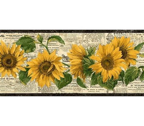 three yellow sunflowers with green leaves on an old book page wallpaper border