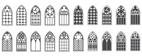 Church windows set. Silhouettes of gothic arches in line and glyph classic style. Old cathedral ...