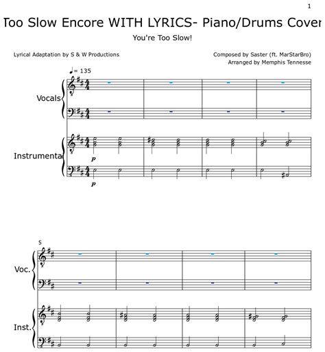 Too Slow Encore WITH LYRICS- Piano/Drums Cover - Sheet music for Piano, Drum Set