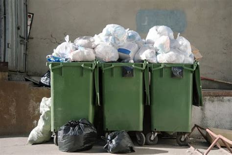 green overflowing garbage cans with waste collection in the yard of the city - Stock Image ...