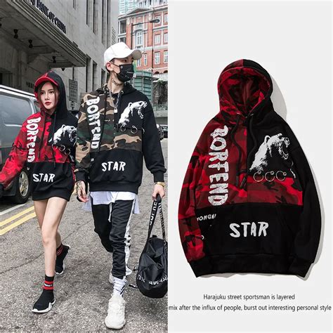 Patchwork Mens Two Color Hoodies Camouflage Letter Print Red Camo ...