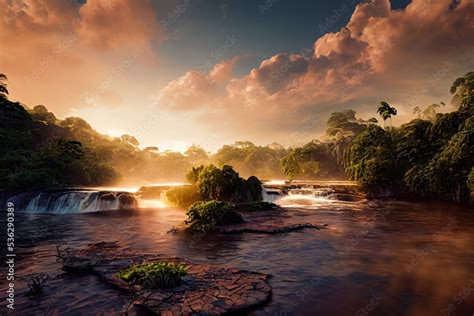 sunset rainforest panorama with waterfall, jungle river with tropical ...