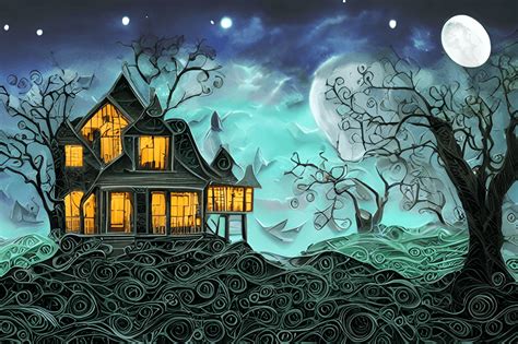 Quilling Landscape Scene Haunted House on Dark Night with Moon · Creative Fabrica