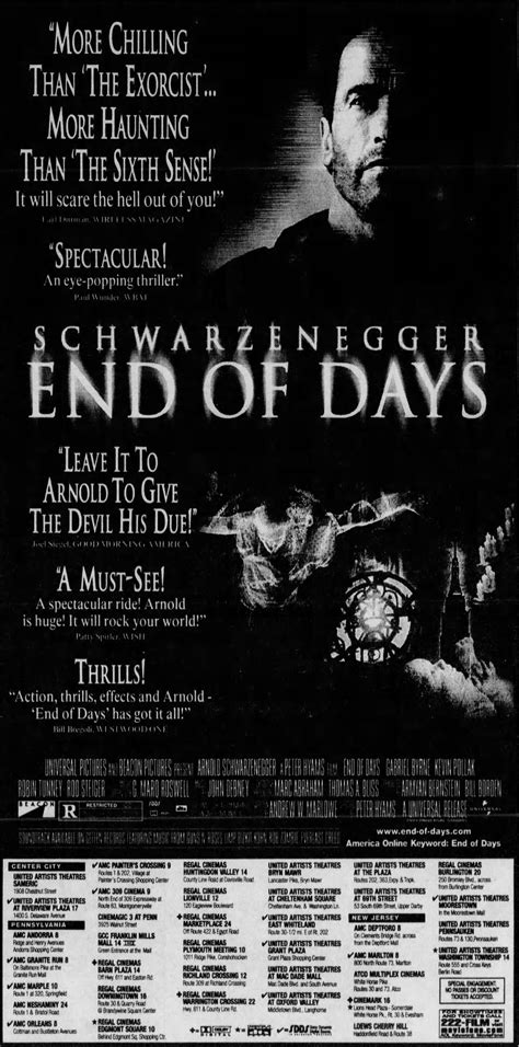Ad for "End of Days," starring Arnold Schwarzenegger, Gabriel Byrne, and Kevin Pollack. From The ...