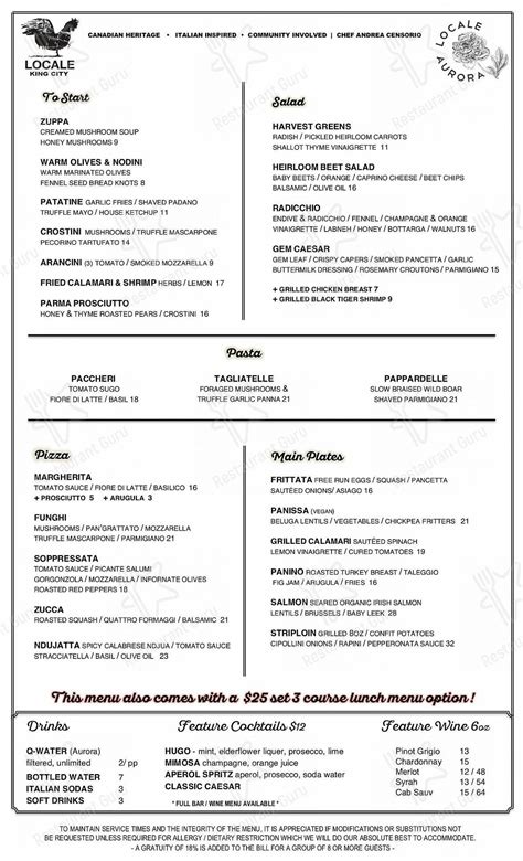 Menu at Locale Aurora restaurant, Aurora