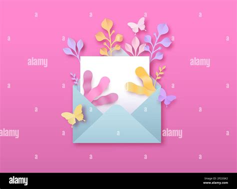 Open letter envelope template with 3d papercut nature decoration. Empty white paper postcard ...