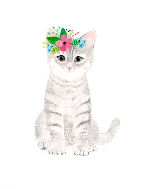 Watercolor kitten, Woodland nursery, Animal Paintings, cat, rabbit, fawn, bird, watercolor ...