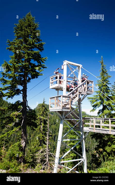 People on platform preparing to go on zipline at Grouse Mountain Resort ...