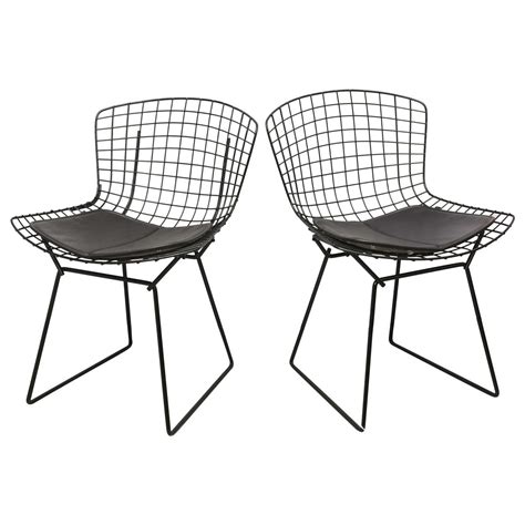 Bertoia Wire Chairs with Black Leather Knoll Cushions, 1960s, USA at 1stDibs