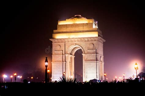 India Gate at Night with Lights on Shot with Fisheye Stock Image ...