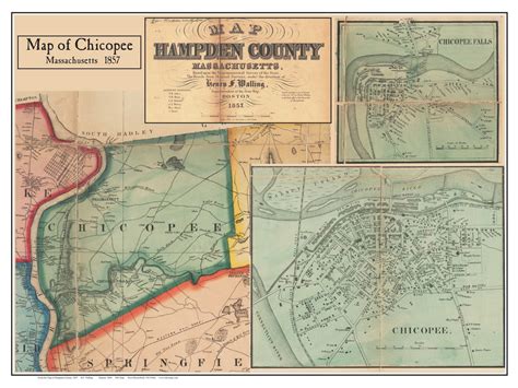 Chicopee Poster Map, 1857 Hampden Co. MA - OLD MAPS