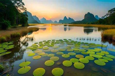 Premium AI Image | lotus flowers on a lake at sunset