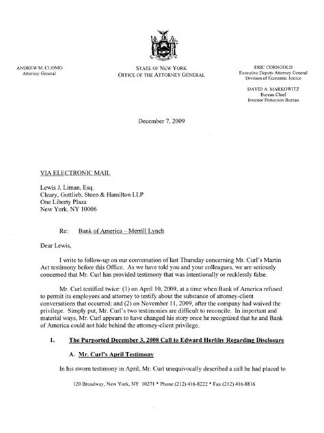 Letter from New York Attorney General's Office to Bank of America re ...